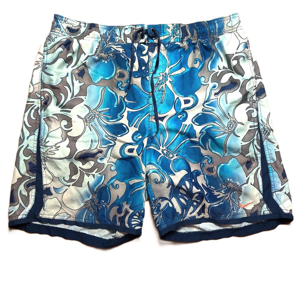 Nike Y2K Swim Trunks Blue Floral Board Shorts Mens L Beach Surf